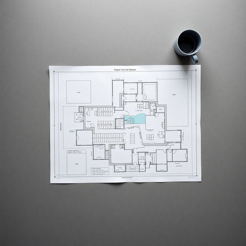Architectuurblauwdruk op een leigrijs bureau