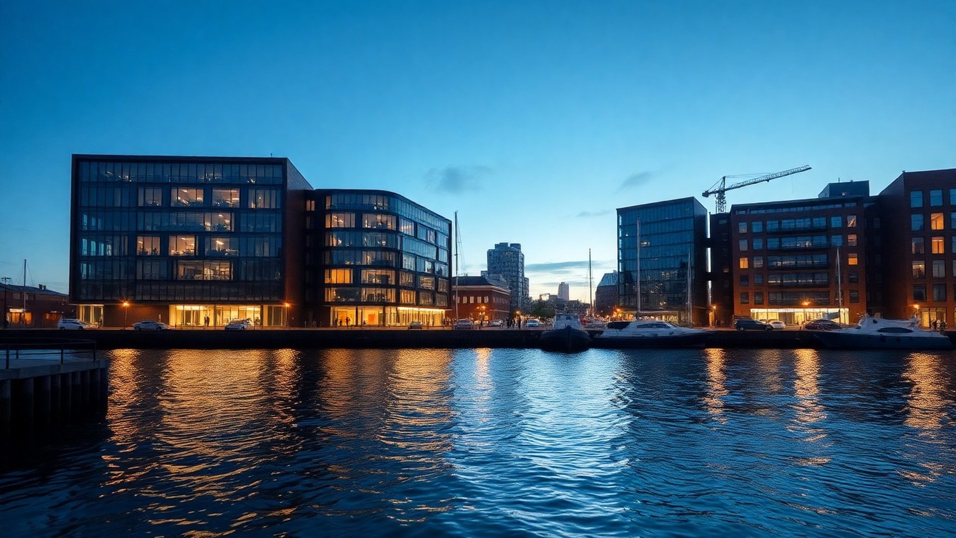Rotterdamse Boompjes-boulevard bij schemer met moderne glazen kantoortoren